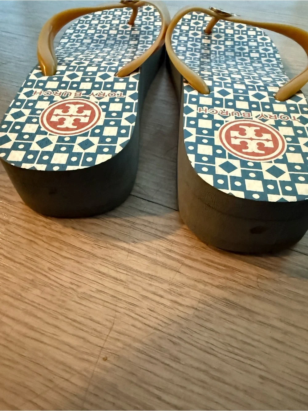 Tory Burch Thong Women's  blue White Flip Flop Logo Comfort Sandal Wedge Size 9